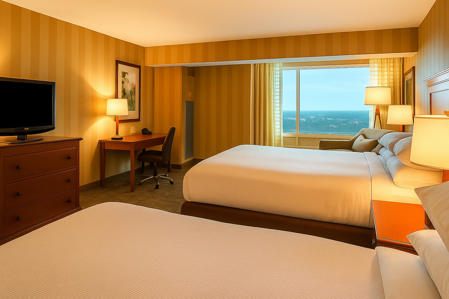 Two-bed guest room with large window and seating area
