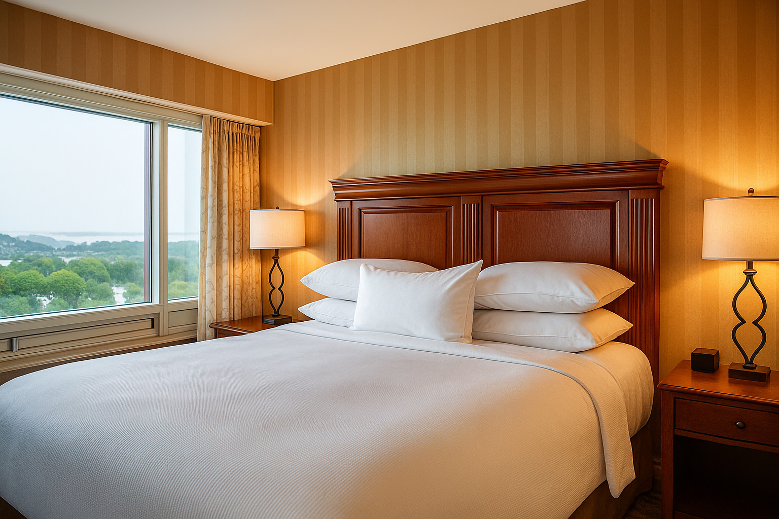 King bed beside large window overlooking Niagara greenery and water
