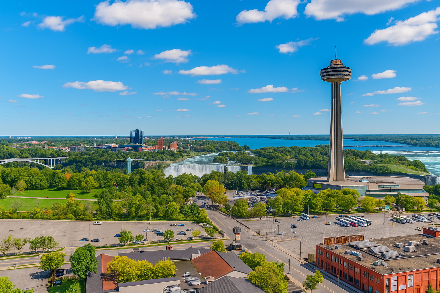 Suite view of Skylon Tower and Niagara river from upper floor
