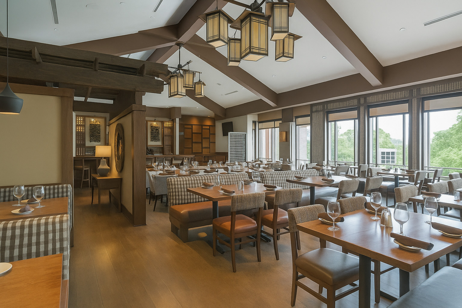 Buchanans Steak and Seafood dining room with wood-beam interior
