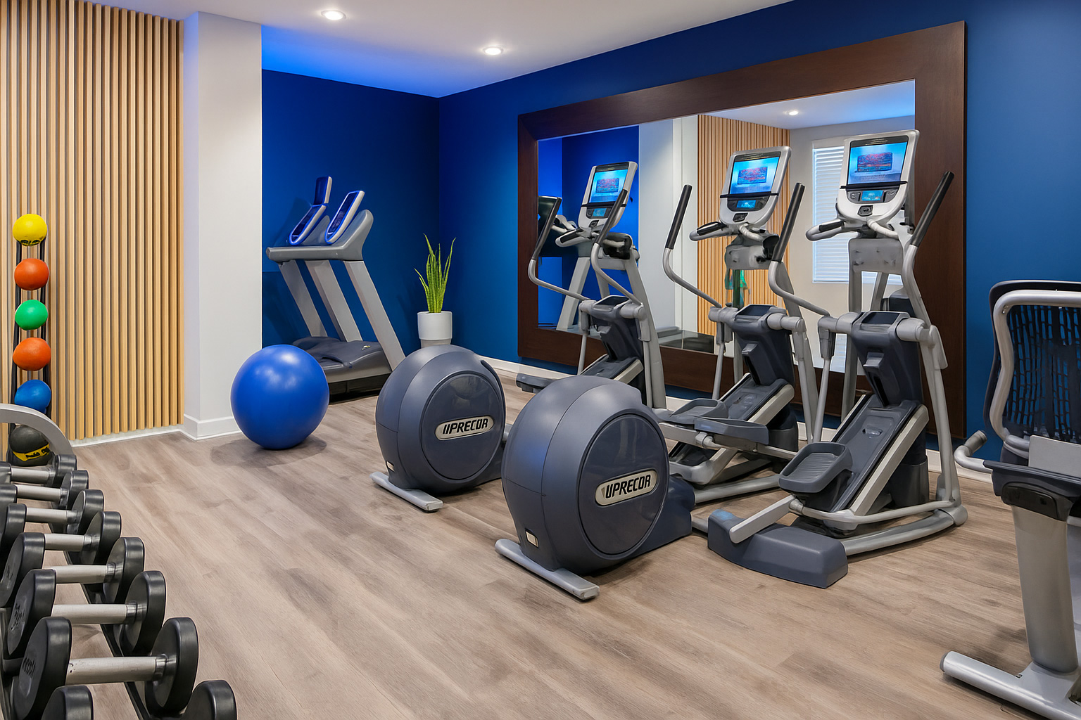 Fitness centre with dumbbells, treadmills, and cardio equipment