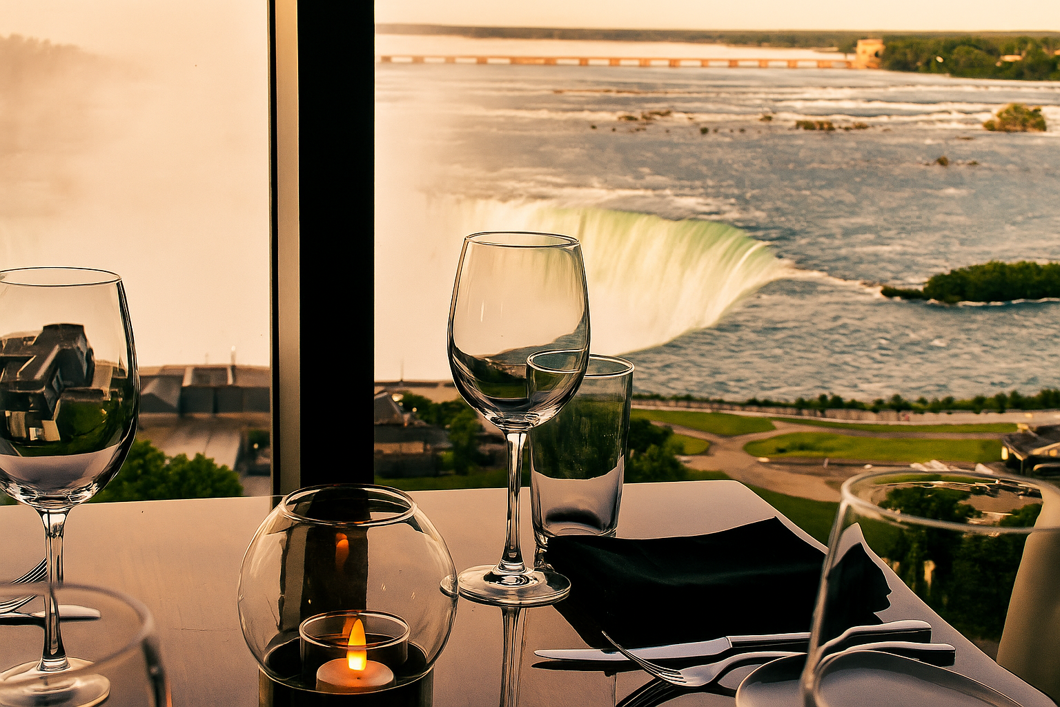 Candlelit table setting overlooking Horseshoe Falls at sunset