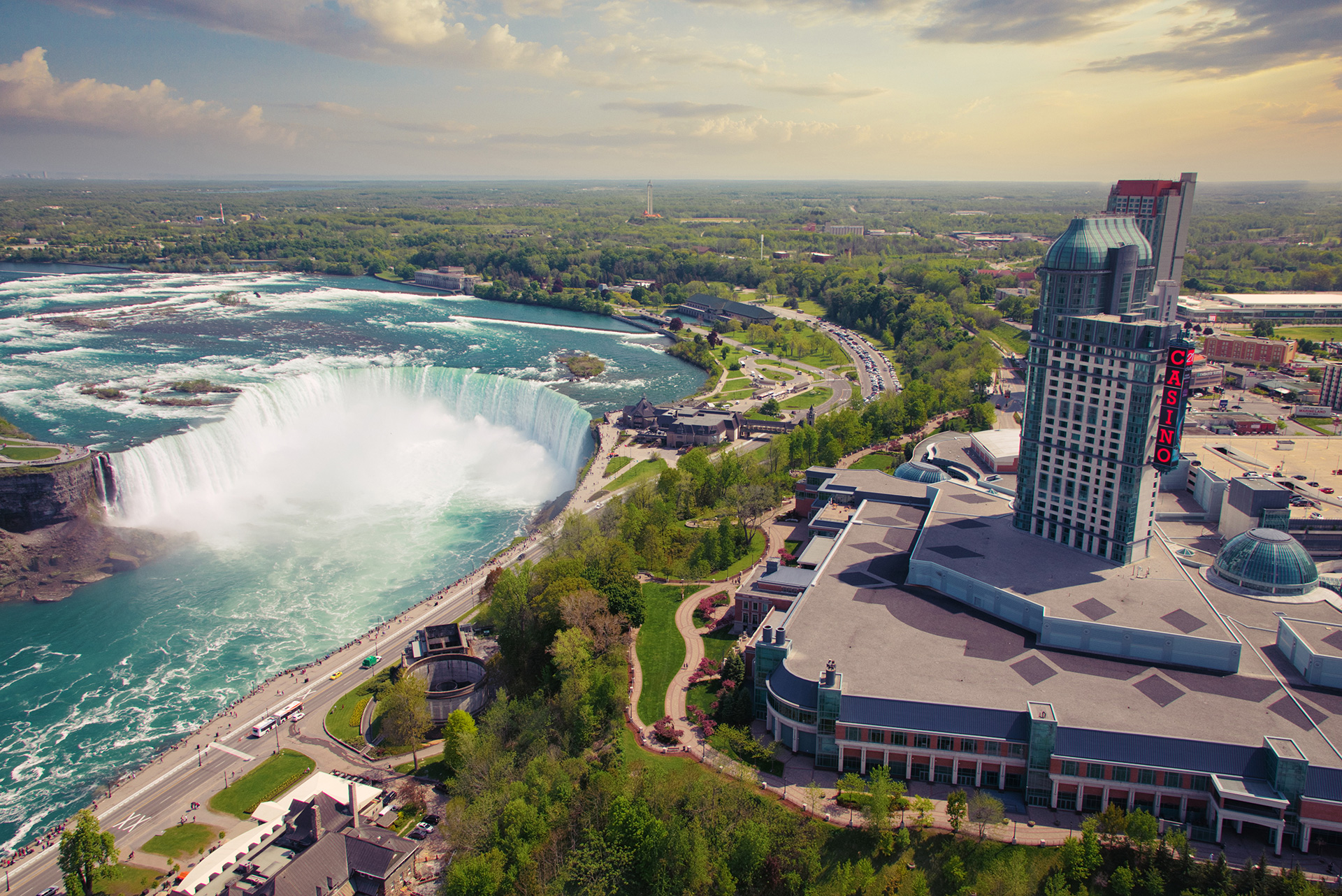Aerial view of Horseshoe Falls and the Fallsview Casino district