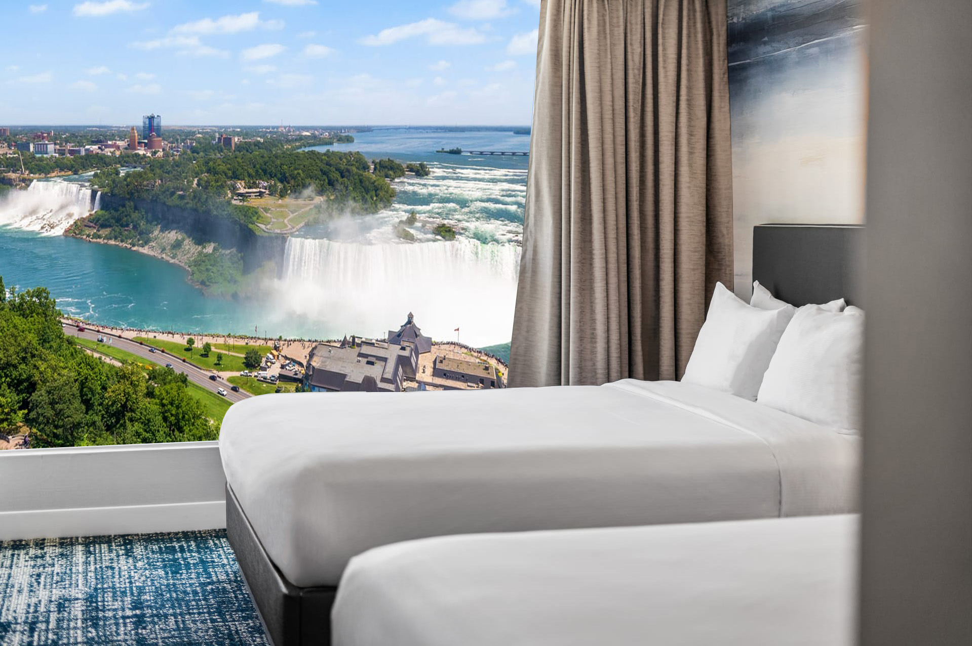 Two queen beds with direct view of Horseshoe Falls from the window