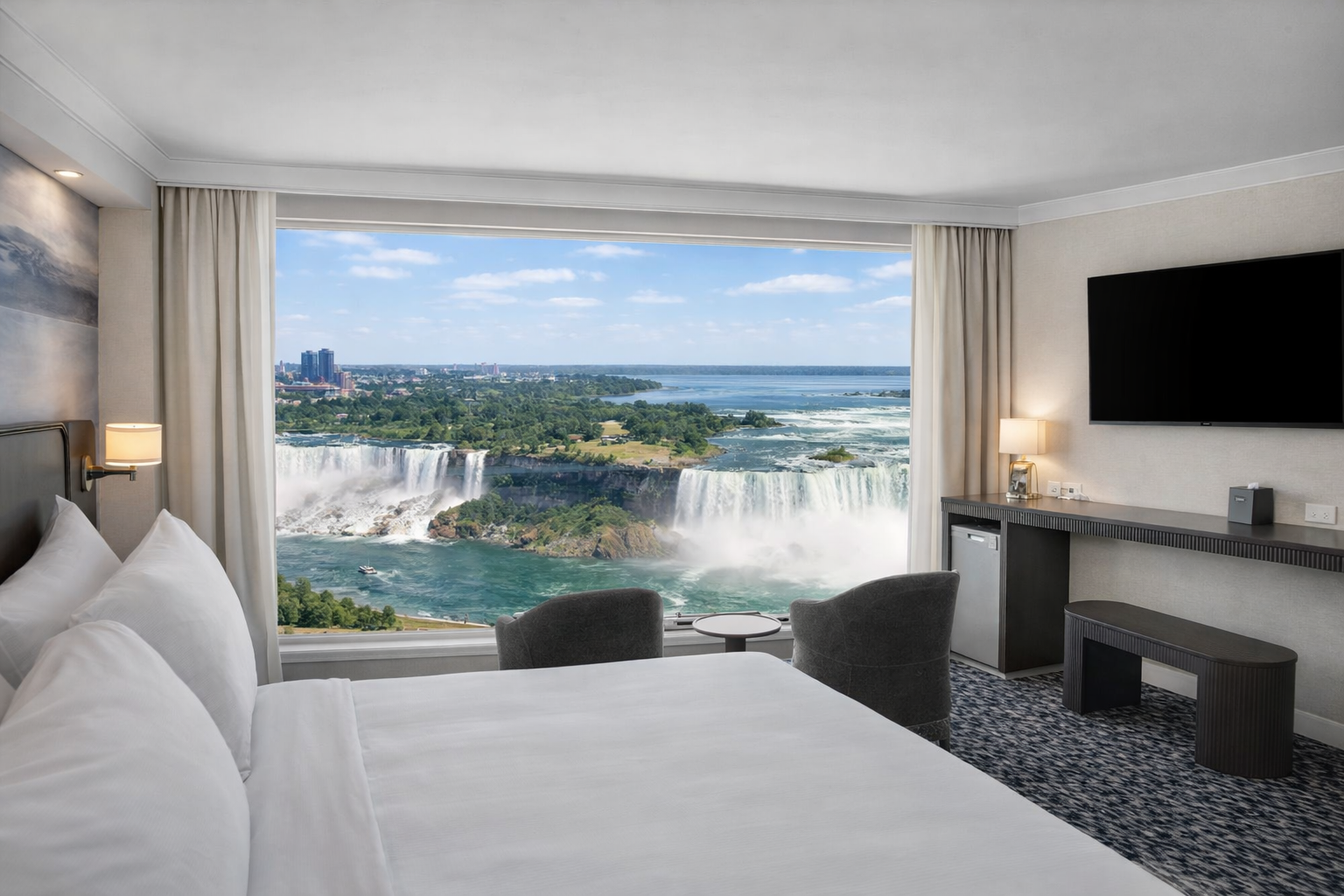 Fallsview guest room with king bed and panoramic picture window