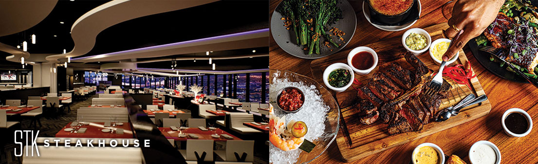 STK Steakhouse Fallsview dining interior and plated steak selection