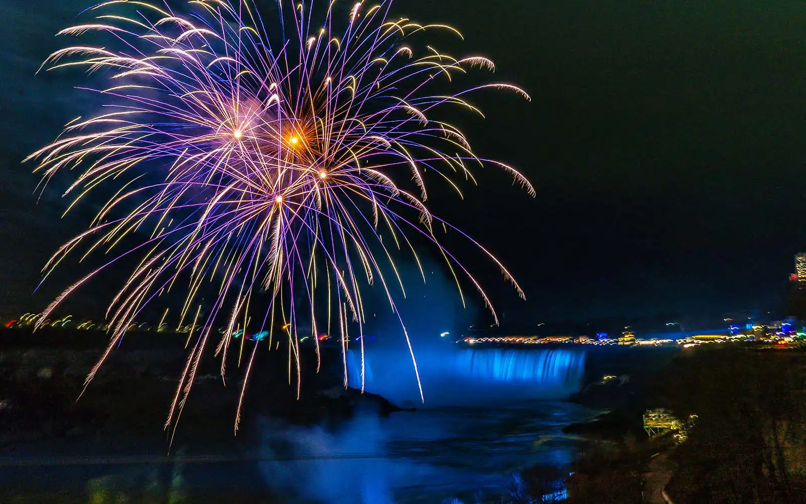 Niagara Falls fireworks display over illuminated water
