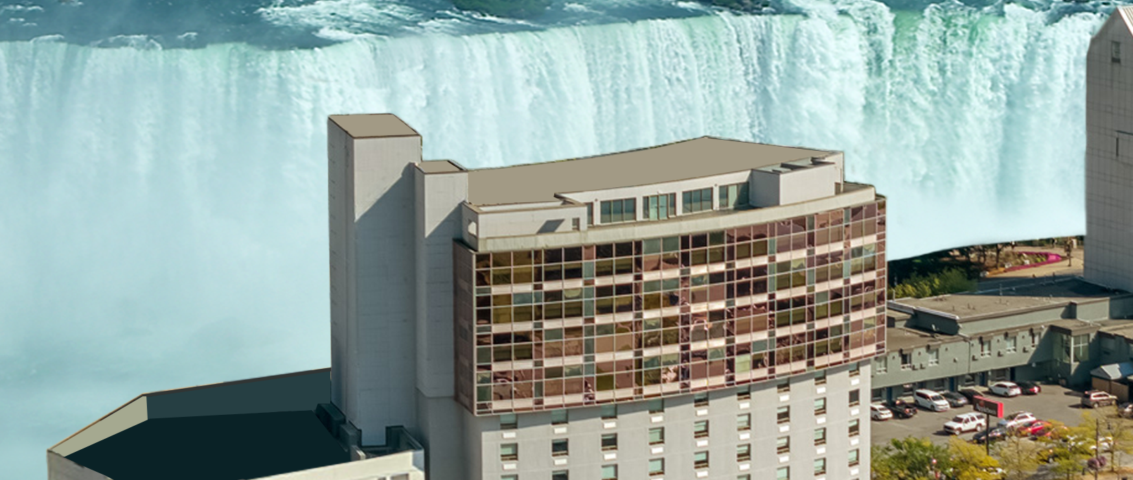 Aerial hotel building perspective with Horseshoe Falls backdrop
