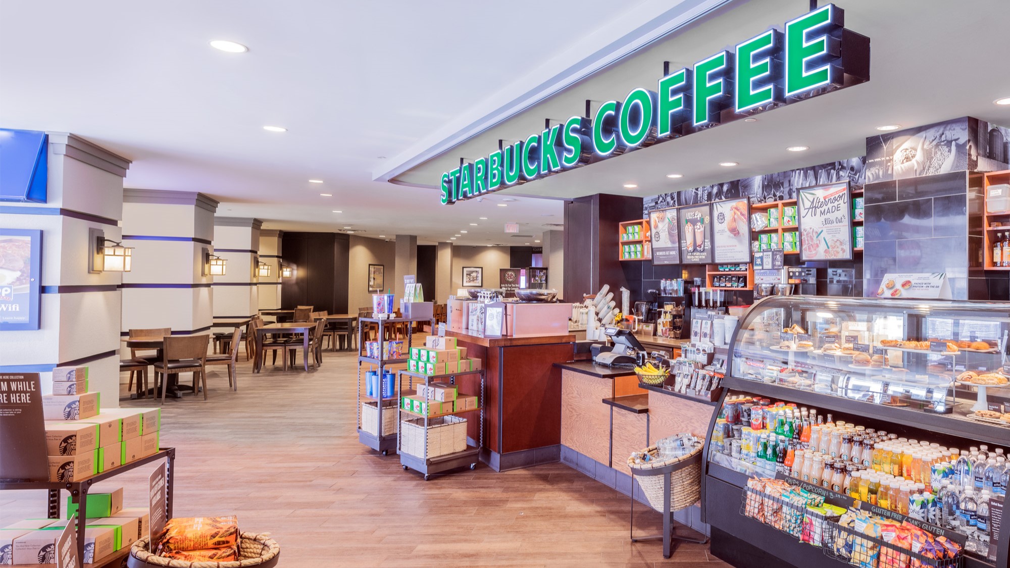 On-site Starbucks cafe and seating area inside the hotel