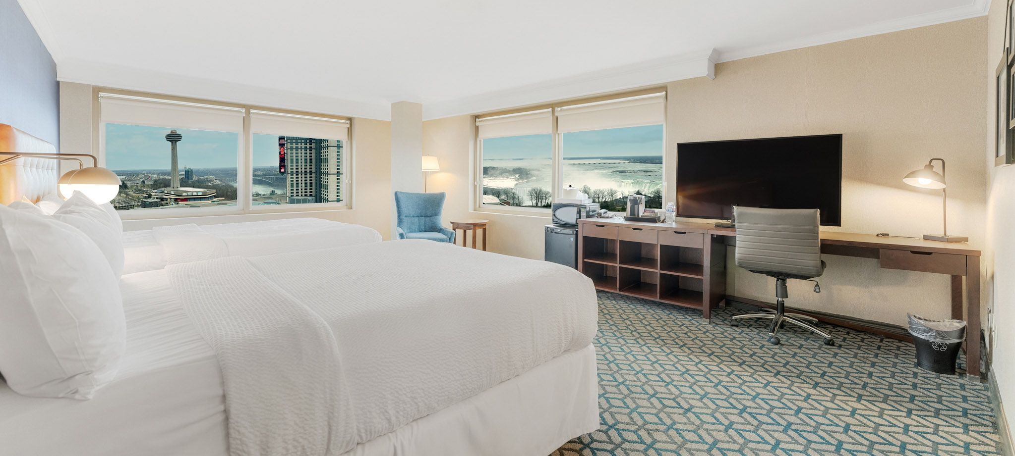 Two queen fallsview room with Horseshoe Falls visible from windows